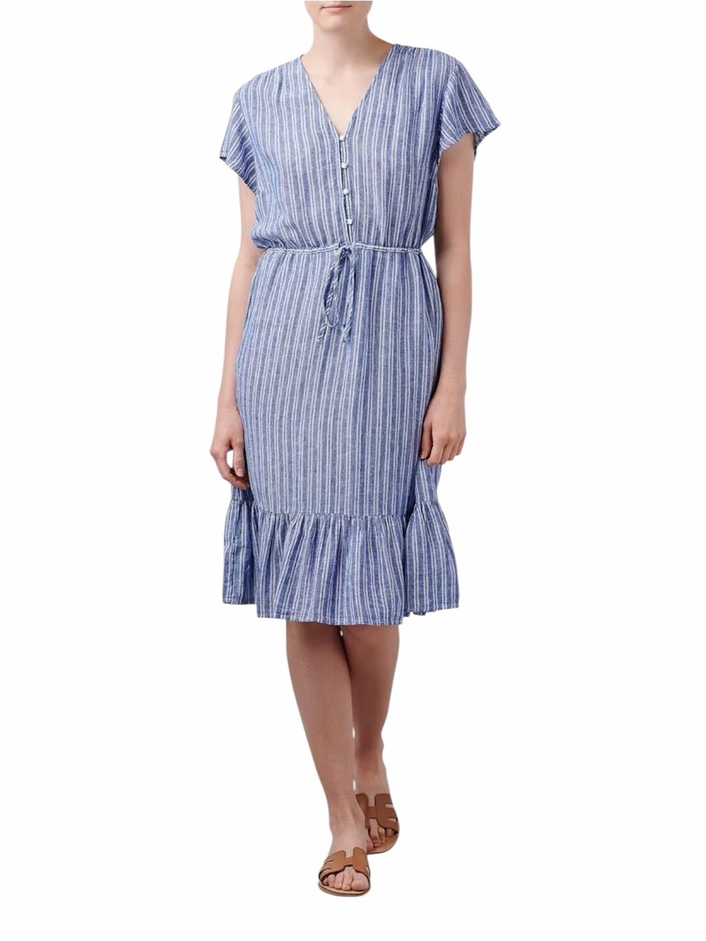 Rails Kiki V-Neck Ruffle Hem Midi Dress Blue & White Cascade Stripe Linen Sz XS